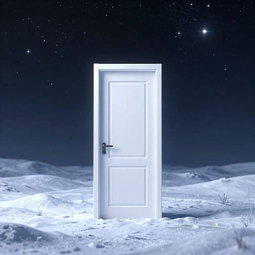 Photograph of a glowing white door standing in a snowy, starry night landscape, with a dark blue, star-filled sky.