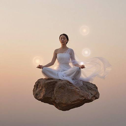Photograph of a serene Asian woman in a white, flowing dress meditating in a lotus position on a floating rock, with soft, glowing orbs