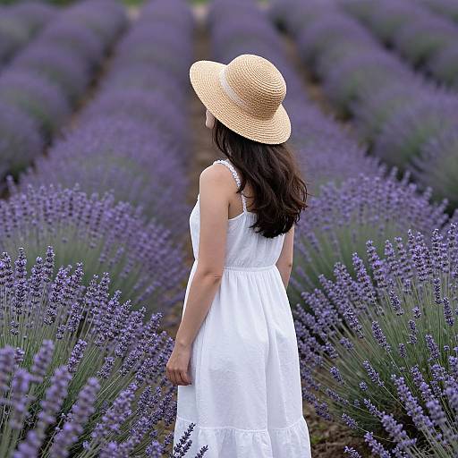 Photograph of a woman in a white dress and straw hat standing in a lavender field, facing away, surrounded by purple lavender.