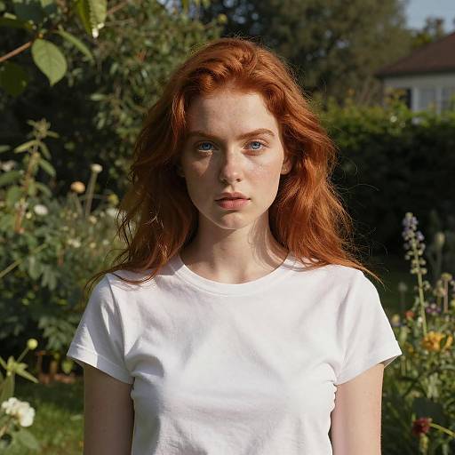 Vibrant Redhead in Sunlit Garden