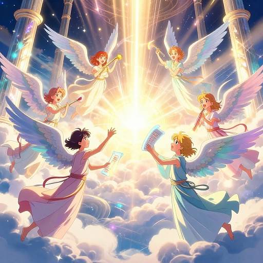 Anime-style digital illustration of six angelic winged girls with colorful hair, surrounded by radiant light, floating in a cloudy sky with ancient columns. They