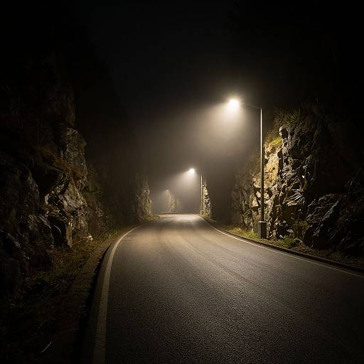 Photograph of a foggy, deserted, narrow road at night, illuminated by bright streetlights on both rocky, forested sides.