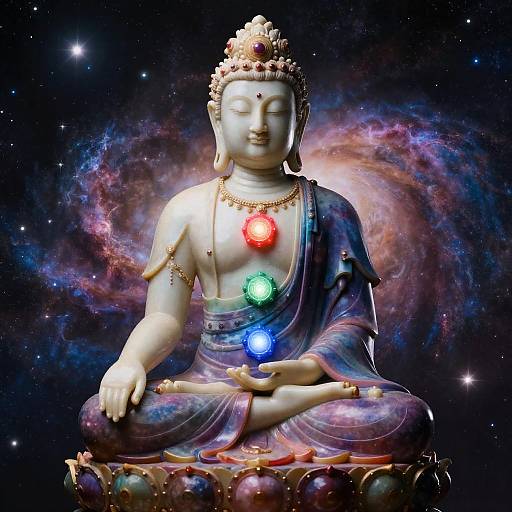 Meditation Buddha Statue with Chakras and Universe Background