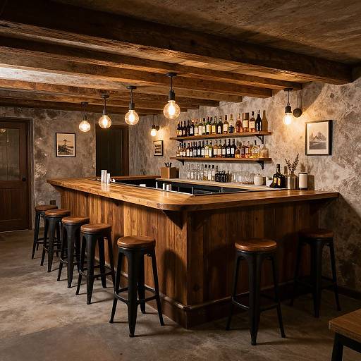 Cozy rustic bar with wooden beams, stone walls, illuminated light bulbs, wooden bar stools, shelves of liquor, and framed pictures. Photograph.