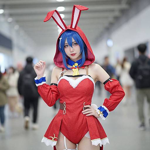 Photograph of an Asian woman with blue hair, wearing a red bunny cosplay outfit with white trim, blue cuffs, and hood, posing confidently in a