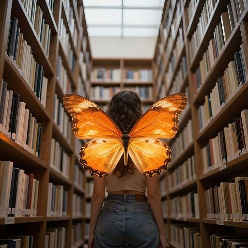 Photograph of a woman with orange butterfly wings, standing in a library aisle, back to camera, surrounded by bookshelves.