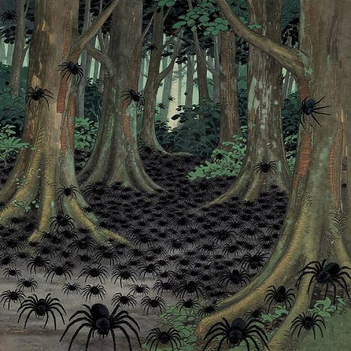 Digital illustration of a dense forest with towering trees and numerous black spider-like creatures crawling on the forest floor.