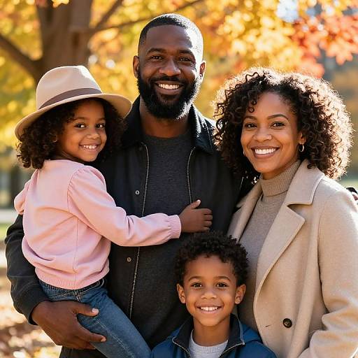 Photograph of a smiling African American family with autumn leaves background; father with beard, mother with curly hair, two children. Father in black shirt,