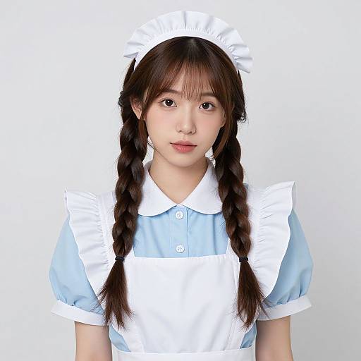Photograph of an Asian woman with long black hair in braids, wearing a blue and white maid outfit with a frilled cap, against a plain