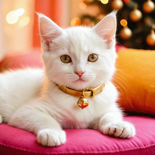 White Kitten with Golden Bell Collar on Pink Cushion