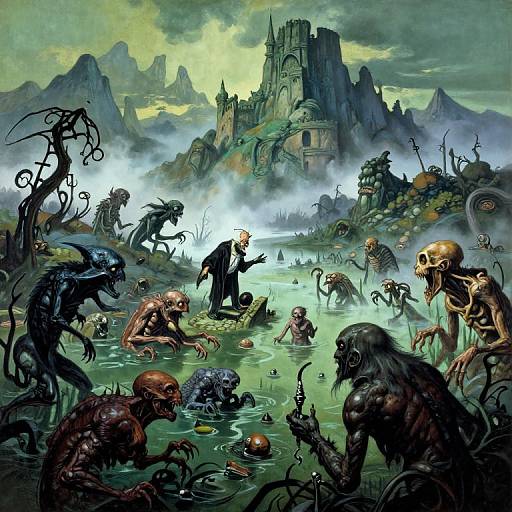 Fantasy illustration: Dark, muscular creatures with animalistic features and skulls emerge from a misty, eerie pond near a gothic castle. A clo