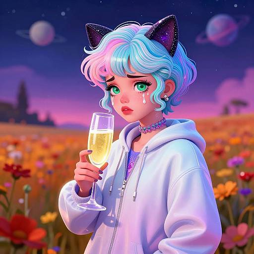 Digital art of a teal-haired girl with cat ears, tears, and sparkling choker, holding a champagne glass in a colorful flower field at sunset,