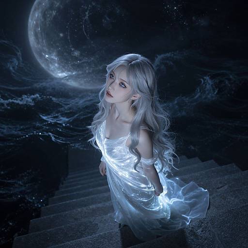 Digital fantasy artwork of a pale, blonde elf woman with glowing blue dress, looking up at a luminous moonlit, cosmic night sky.