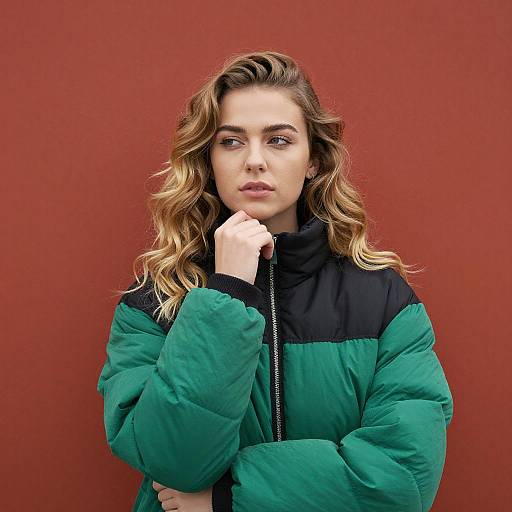 Thoughtful Woman in Green Puffy Jacket