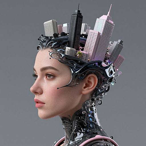 Digital art of a pale-skinned woman with intricate black metallic hair, topped with a miniature cityscape of skyscrapers. Grey background. Cyberpunk