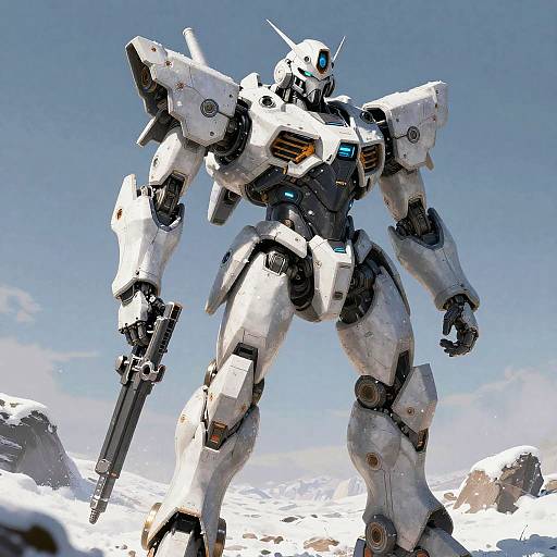 Photorealistic CGI of a towering, white and black mecha robot with glowing blue eyes, holding a large gun, standing in a snowy mountain landscape