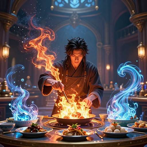 Digital art of a handsome, black-haired chef conjuring fire in a mystical kitchen, surrounded by glowing blue ethereal flames and dishes.