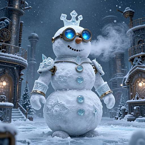 Digital artwork of a steampunk snowman with glowing blue goggles, crown, and armor, standing in a snowy, Victorian-style town.