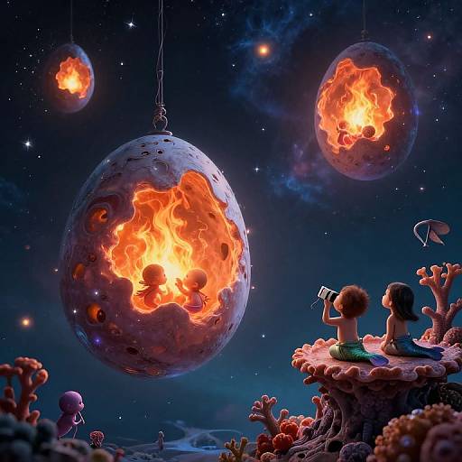 Digital artwork of a starry night sky with glowing, fiery moons hanging above a mermaid and a child on a coral reef.