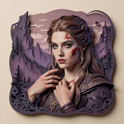 Digital fantasy portrait of a wounded, pale-skinned woman with blood on her face, dark hair, intricate armor, and a mystical mountain landscape.
