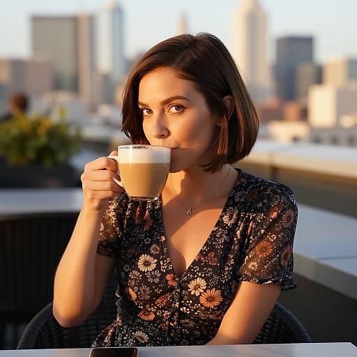 Woman Sipping Coffee at Rooftop Cafe