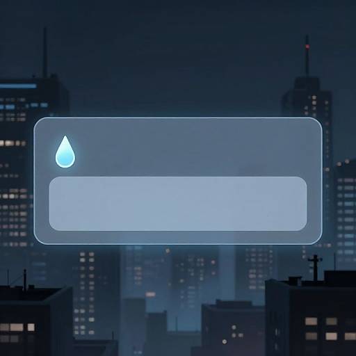 Digital artwork: Glowing blue water droplet and blank rectangle superimposed on a dark, cityscape night background with illuminated skyscrapers.