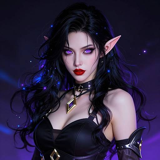 Digital artwork of a pale-skinned, dark-haired elf woman with glowing purple eyes, pointed ears, red lips, black leather armor, and a gold