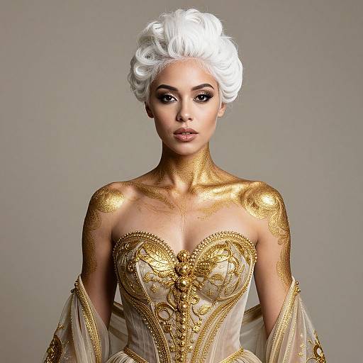 Digital portrait of a beautiful woman with white, voluminous hair, gold-leafed shoulders, and an ornate, gold-embellished,
