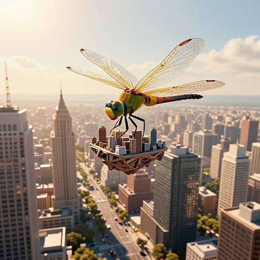 Photorealistic CGI of a large dragonfly with yellow and black stripes hovering above a miniature cityscape of skyscrapers, sunlight illuminating the background