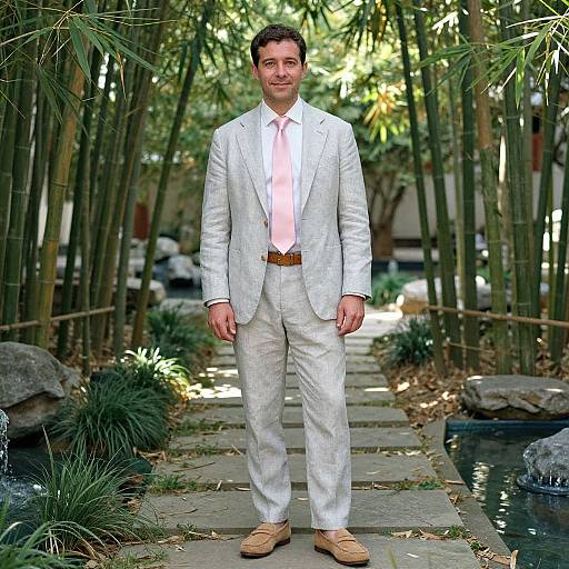 Photograph of a smiling man in a white suit with pink tie, brown belt, and tan shoes, standing in a bamboo garden.