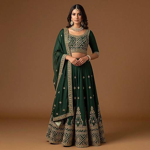 Photograph of a South Asian woman in an ornate green lehenga with gold embroidery, wearing a matching choli and jewelry, standing against a brown