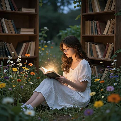 Photograph of a young woman with long brown hair, wearing a white dress, reading a book under glowing light, surrounded by colorful flowers, between two