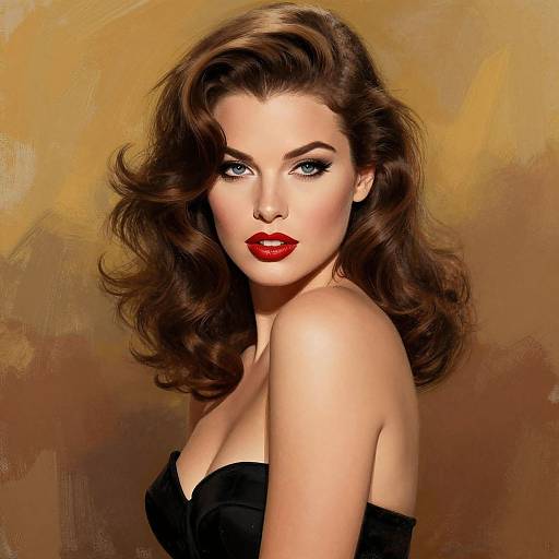 Digital portrait of a glamorous woman with voluminous brown hair, vibrant red lipstick, and striking blue eyes, wearing a strapless black dress against a warm
