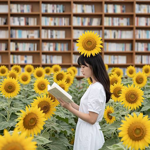 Young Asian woman in white dress reads book among vibrant sunflowers, with a library backdrop of neatly arranged bookshelves.