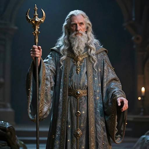 Photograph of an elderly white man with a long white beard, wearing an ornate, star-embroidered blue robe, holding a golden tr