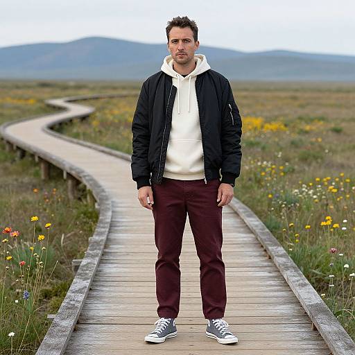 Photograph of a man standing on a wooden boardwalk in a grassy meadow with wildflowers, wearing a black jacket, white hoodie, mar