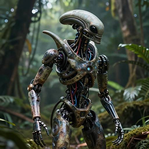 Photorealistic CGI of a metallic, futuristic Xenomorph-like robot with exposed wires and joints, standing in a lush, misty forest.