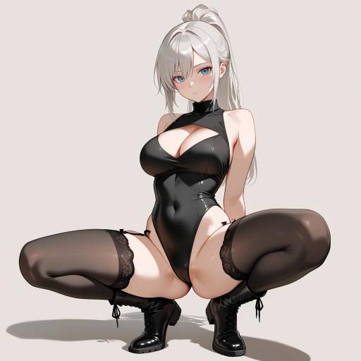 Sleek Crouching Woman in Stylish Attire Sleek Crouching Woman in Stylish Attire