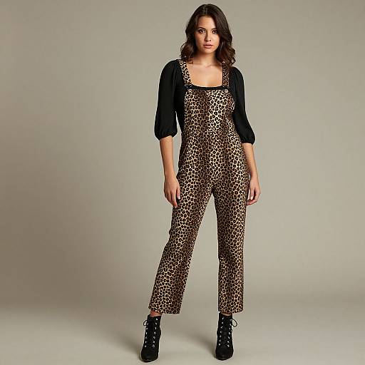 Photograph of a woman with wavy brown hair, wearing a leopard-print jumpsuit, black cardigan, and black lace-up boots, standing against