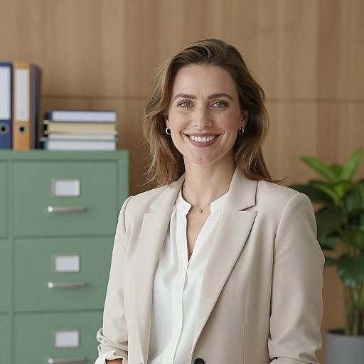 Smiling Woman in Casual Office Setting