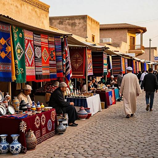 Vibrant outdoor market photograph: Colorful textiles, pottery, and vendors in traditional attire on a cobblestone street, with shoppers browsing.