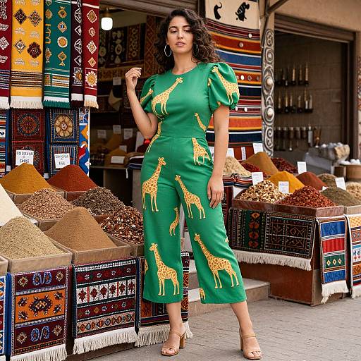 Photograph of a confident woman with curly hair in a green, giraffe-print dress, standing in a vibrant spice market.