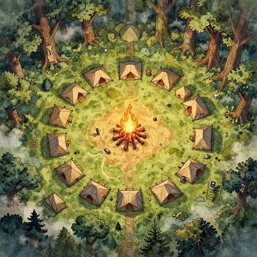 Digital illustration of a circular campsite with tents around a central bonfire, surrounded by trees and grass, viewed from above.