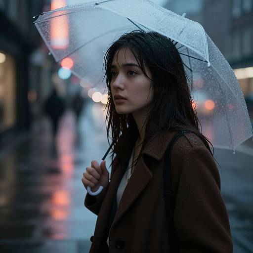 Photograph of a young woman with wet, dark hair holding a translucent umbrella in a rainy city street, wearing a brown coat, with blurred neon lights