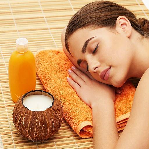 Serene Woman Relaxing on Bamboo Mat