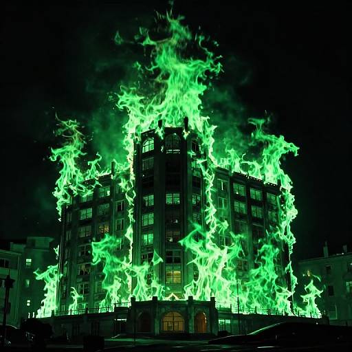 Photograph of a multi-story building engulfed in bright, neon green flames at night, with dark sky and surrounding buildings partially visible.