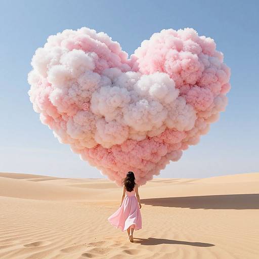Digital artwork: A girl with black hair in a pink dress stands in a sandy desert, facing a massive, pink and white cloud-shaped heart against a