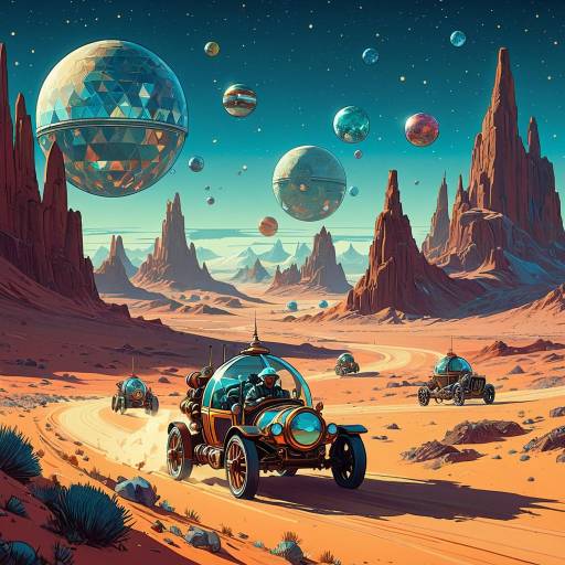 Space Voyagers Driving Ornate Sphere Cars in Crystal Desert