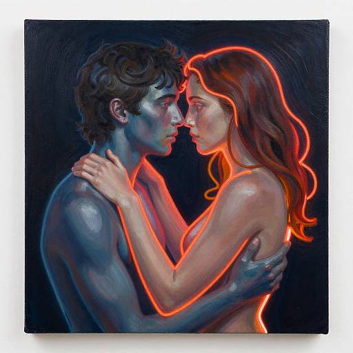 Digital painting of a nude, intimate couple with glowing red outlines, touching foreheads against a black background, showcasing tender, passionate connection.