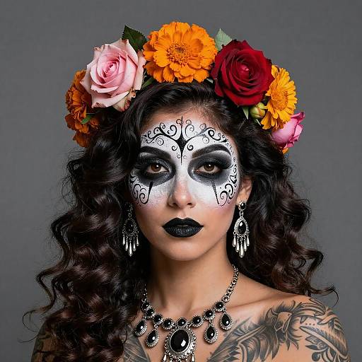 Photograph of a woman with white face paint, black lipstick, floral headband, intricate tattoos, and detailed jewelry, against a gray background.